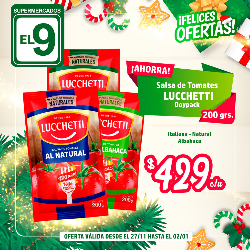 SALSA DE TOMATE LUCCHETTI ITALIANA/NATURAL/ALBAHACA DP.200 G.