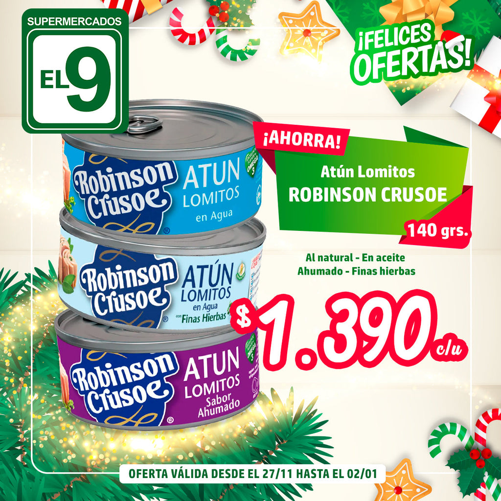 ATUN LOMITOS AGUA/ACEITE/AHUMADO/FINAS HIERBAS ROBINSON CRUSOE 140G/91G.DR